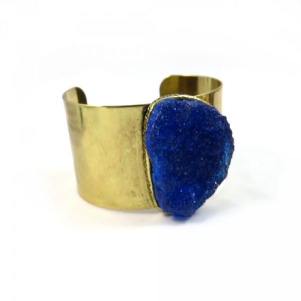 Cobalt Druzy Faux Stone Open Cuff Statement Bracelet Antique Gold